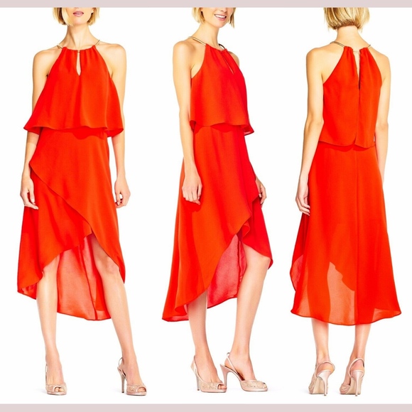 NEW Adrianna Papell High Low‎ Popover Crepe Dress in Fire Orange [SZ 4 ] - Picture 1 of 8